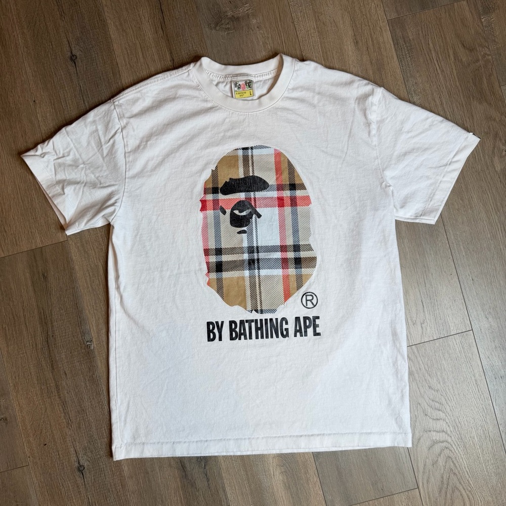 BAPE A Bathing Ape White Plaid Logo T-Shirt men’s Large